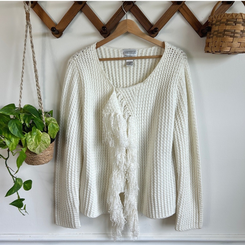 Sideffects Cream White Chunky Waffle Knit Fringe Waterfall Cardigan Sweater M